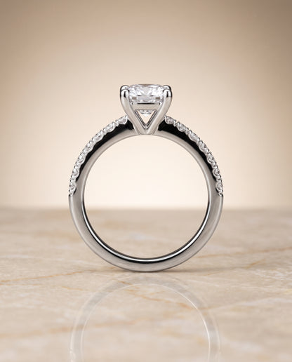 The Norah Classic Linear French Pavé Cushion Cut Engagement Ring Setting in 18K White Gold