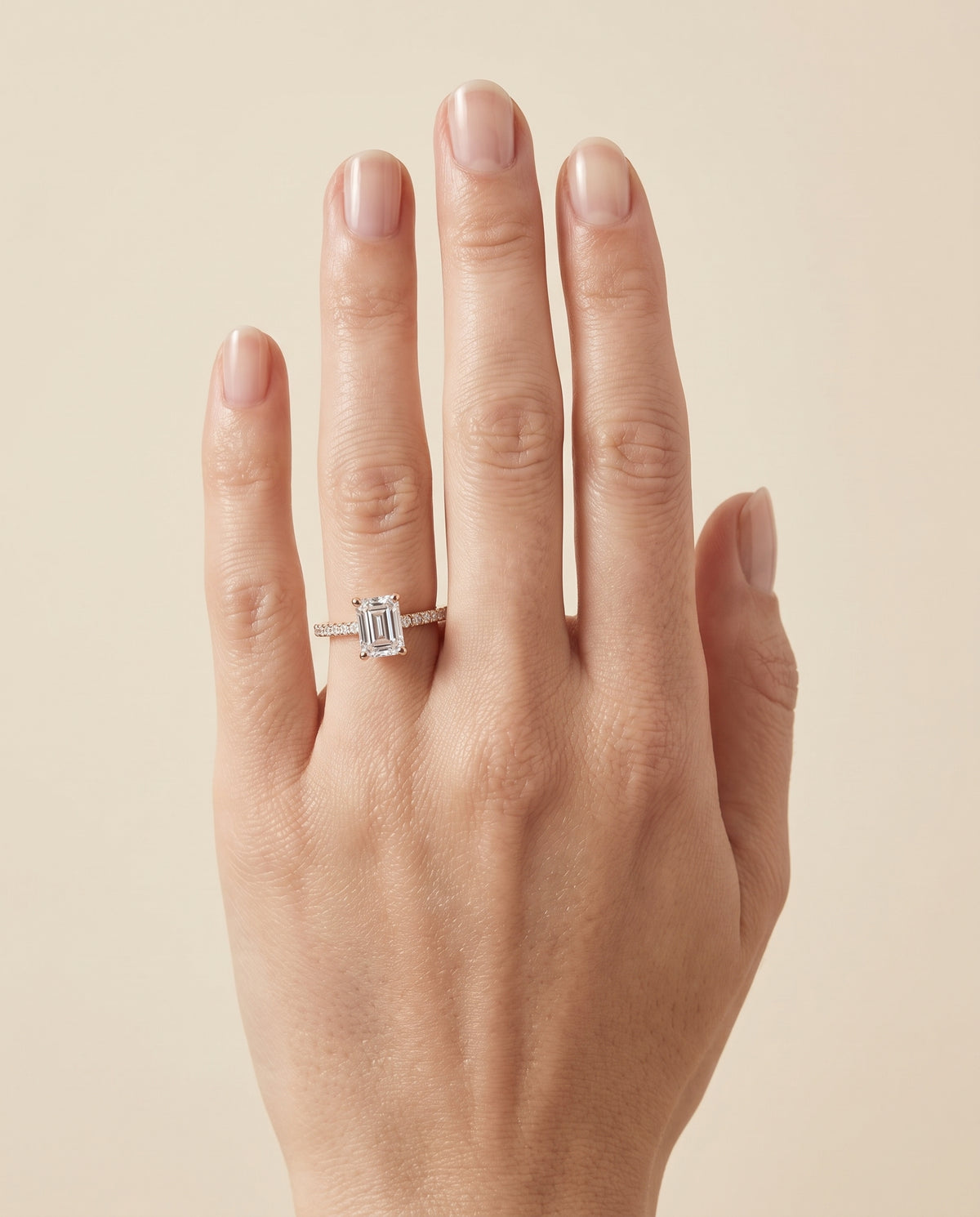 The Norah Classic Linear French Pavé Emerald Cut Engagement Ring Setting in 14K Rose Gold