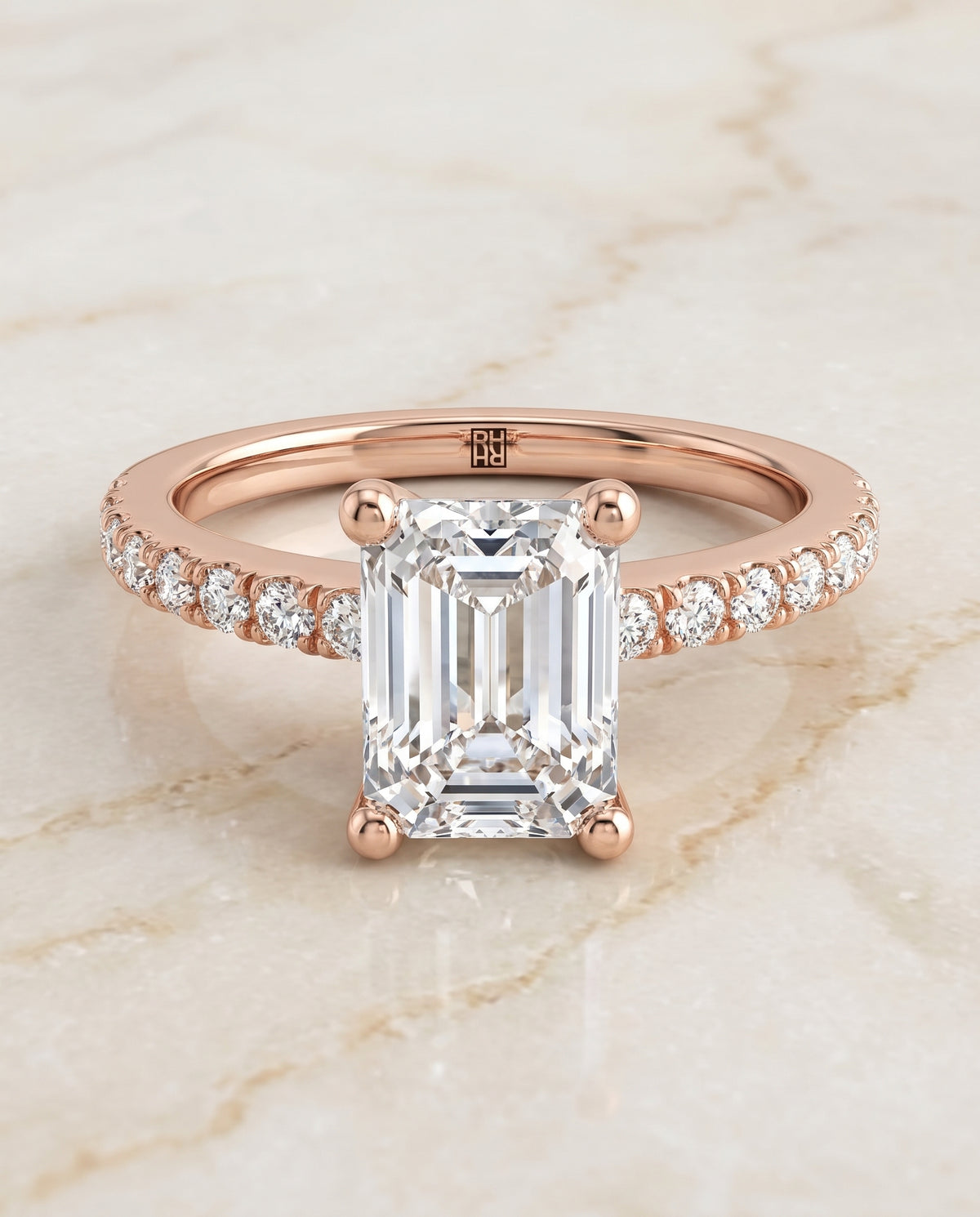 The Norah Classic Linear French Pavé Emerald Cut Engagement Ring Setting in 14K Rose Gold
