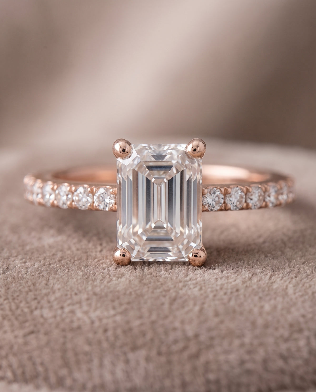 The Norah Classic Linear French Pavé Emerald Cut Engagement Ring Setting in 14K Rose Gold