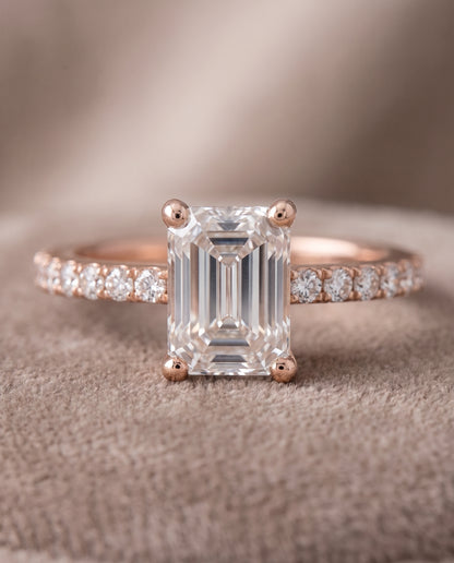 The Norah Classic Linear French Pavé Emerald Cut Engagement Ring Setting in 14K Rose Gold