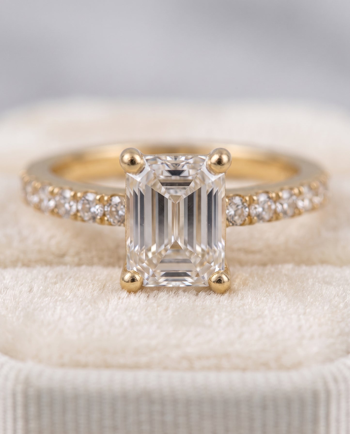 The Norah Classic Linear French Pavé Emerald Cut Engagement Ring Setting in 18K Yellow Gold