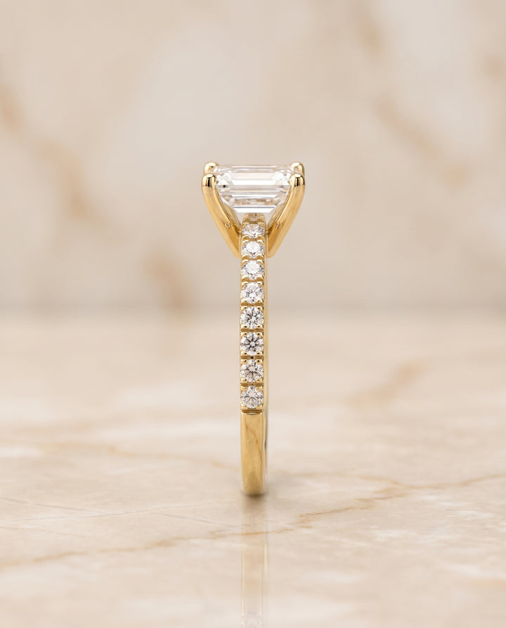 The Norah Classic Linear French Pavé Emerald Cut Engagement Ring Setting in 18K Yellow Gold