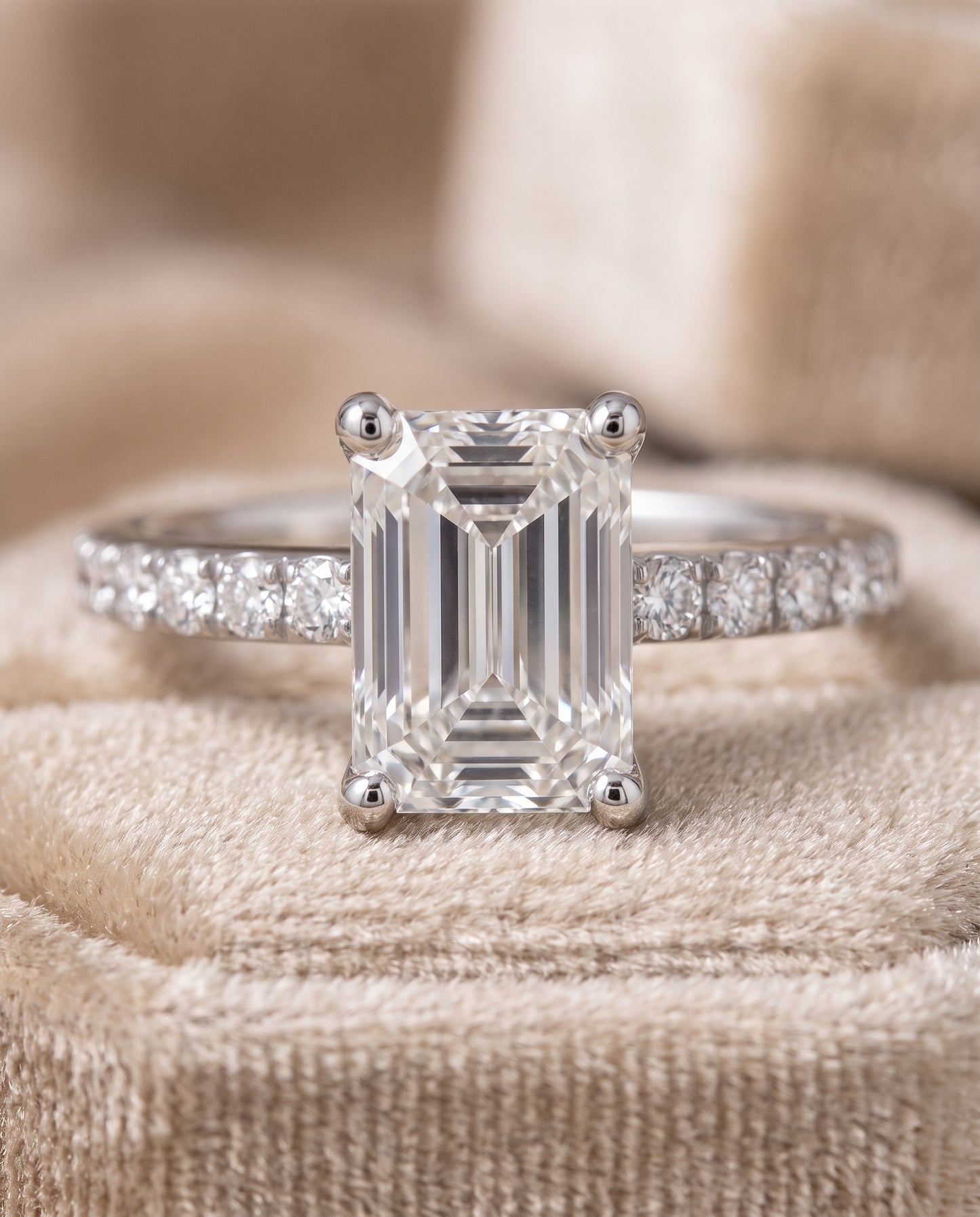 The Norah Classic Linear French Pavé Emerald Cut Engagement Ring Setting in 18K White Gold