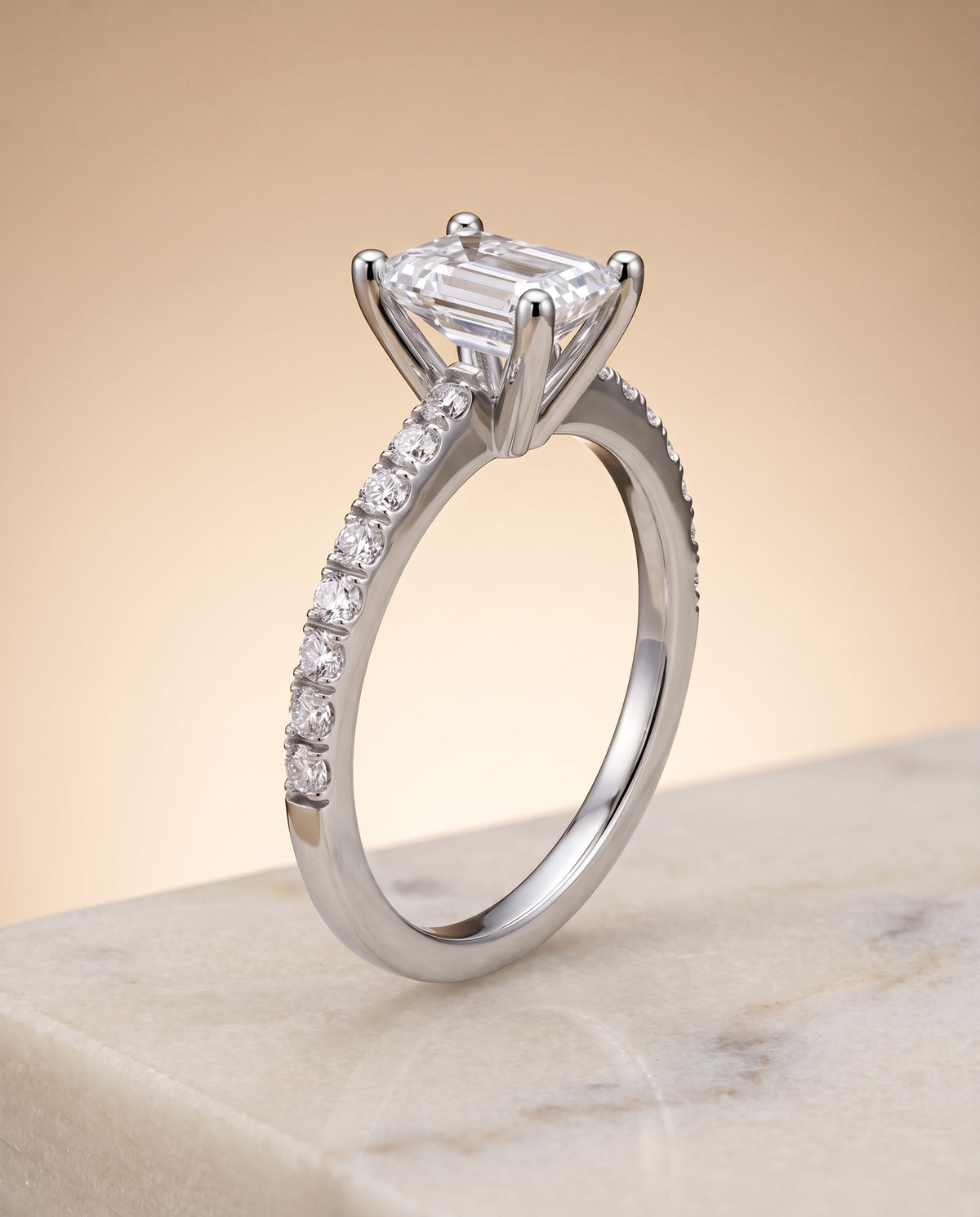 The Norah Classic Linear French Pavé Emerald Cut Engagement Ring Setting in 18K White Gold