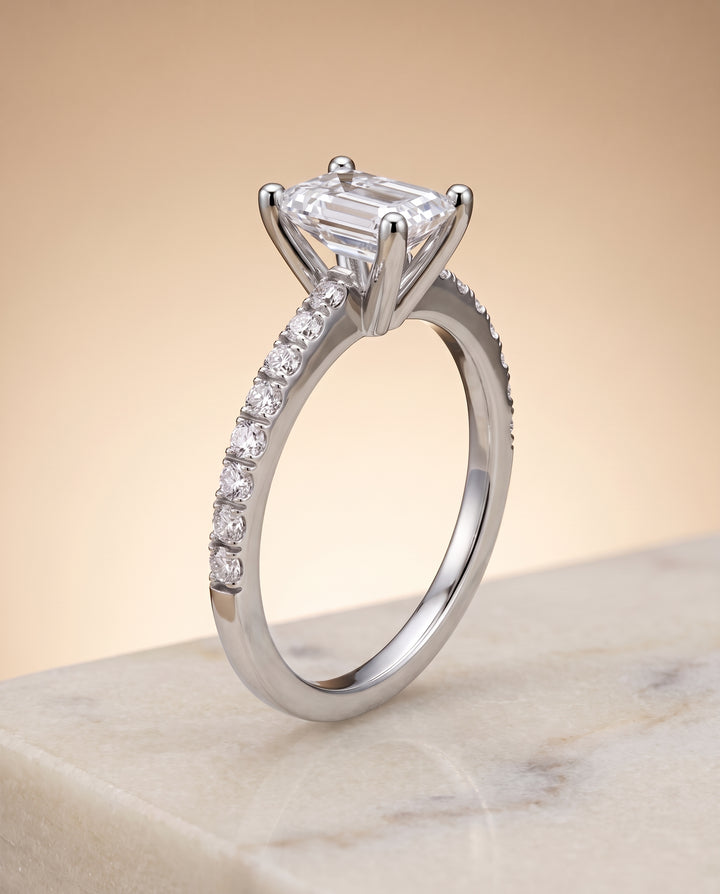 The Norah Classic Linear French Pavé Emerald Cut Engagement Ring Setting in 18K White Gold