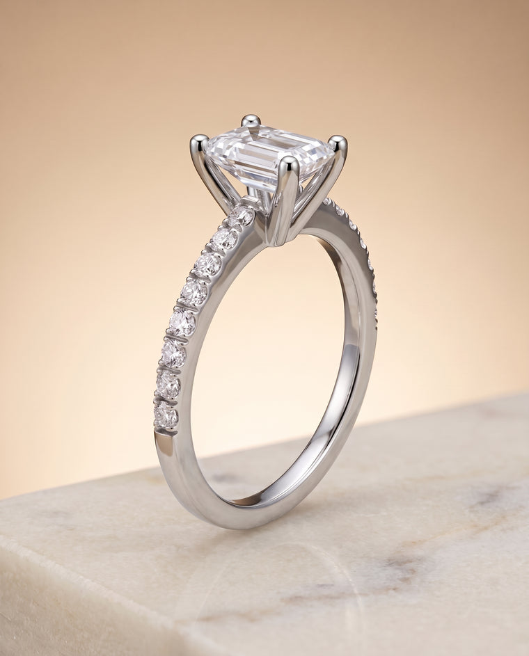The Norah Classic Linear French Pavé Emerald Cut Engagement Ring Setting in 18K White Gold