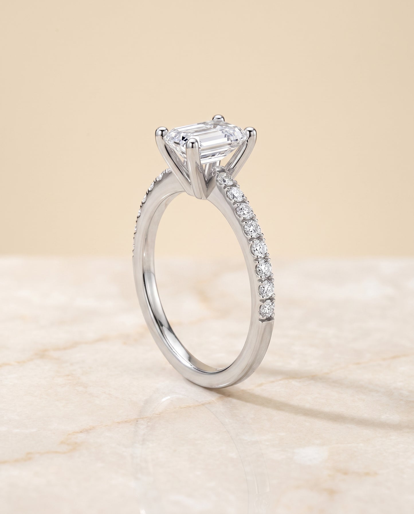 The Norah Classic Linear French Pavé Emerald Cut Engagement Ring Setting in 18K White Gold