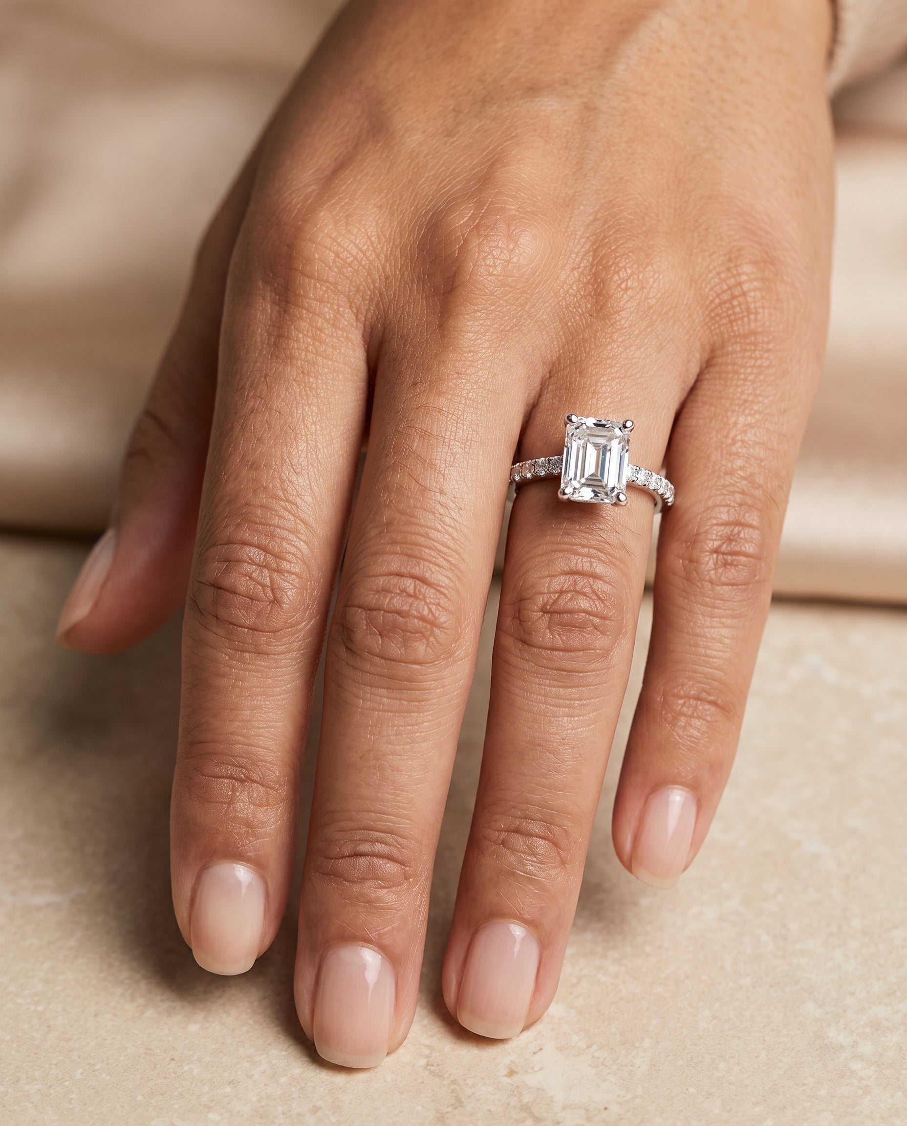 The Norah Classic Linear French Pavé Emerald Cut Engagement Ring Setting in 18K White Gold