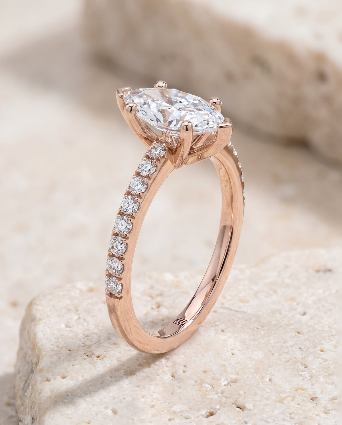 The Norah Classic Linear French Pavé Marquise Engagement Ring Setting in 14K Rose Gold