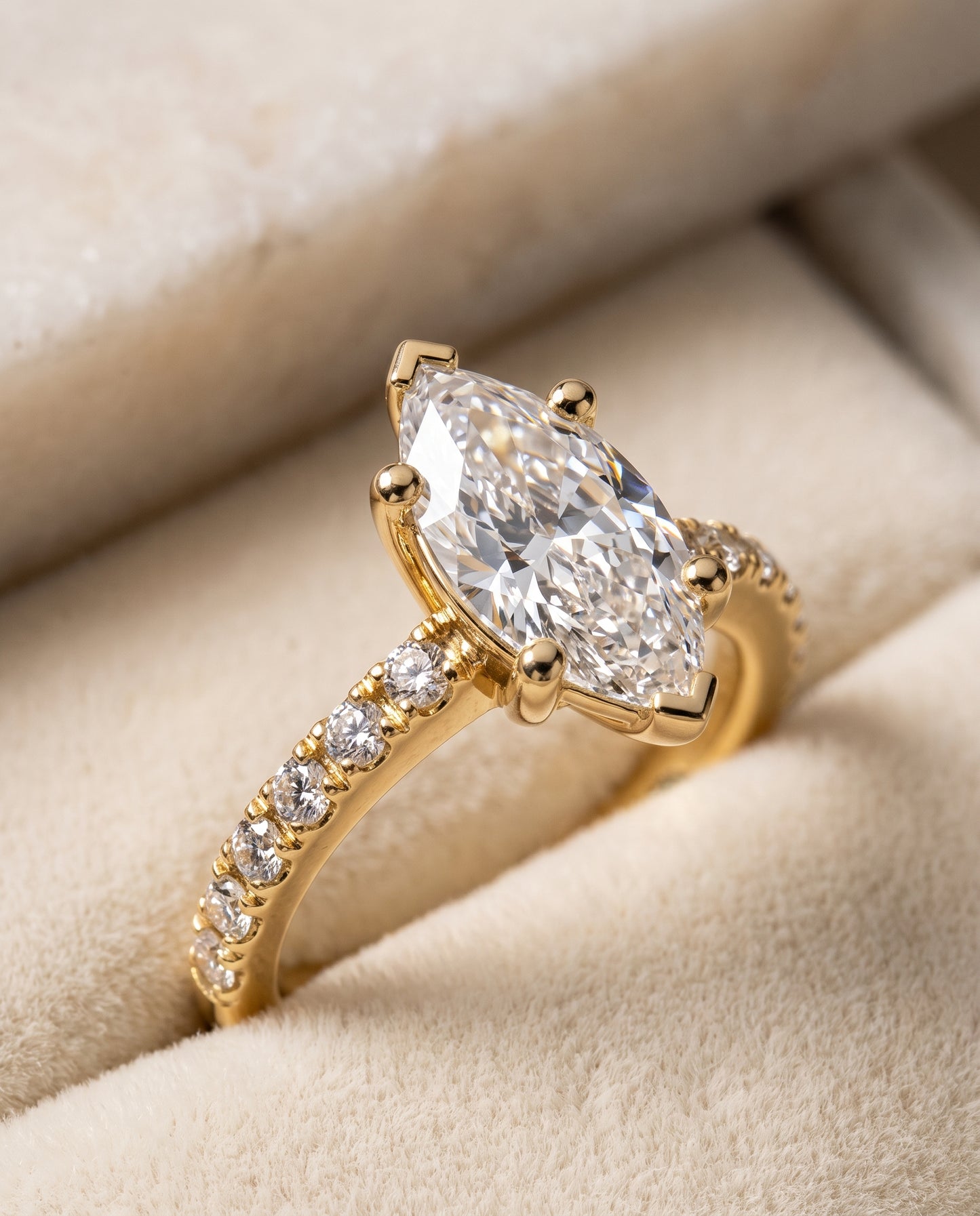 The Norah Classic Linear French Pavé Marquise Engagement Ring Setting in 18K Yellow Gold