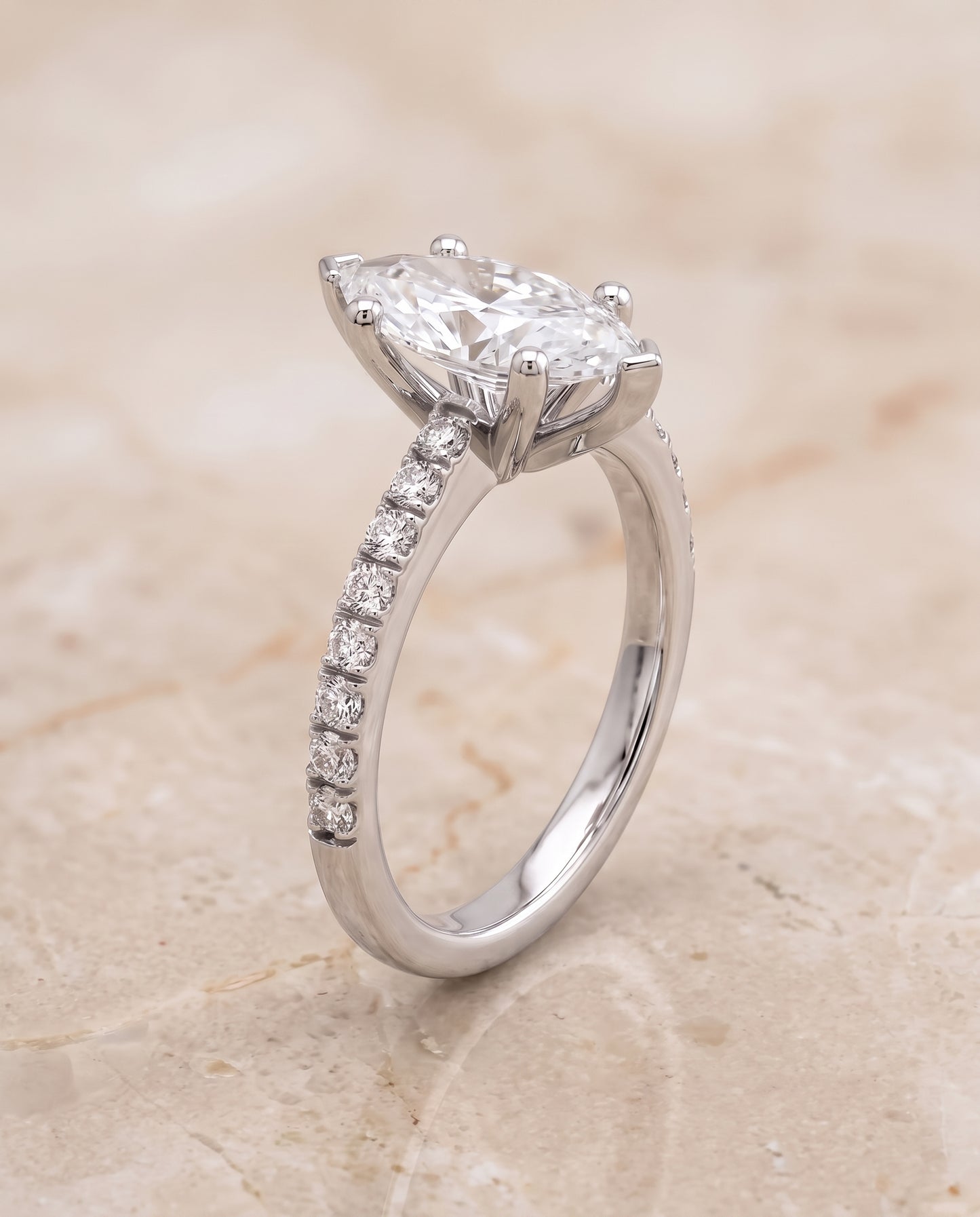 The Norah Classic Linear French Pavé Marquise Engagement Ring Setting in 18K White Gold