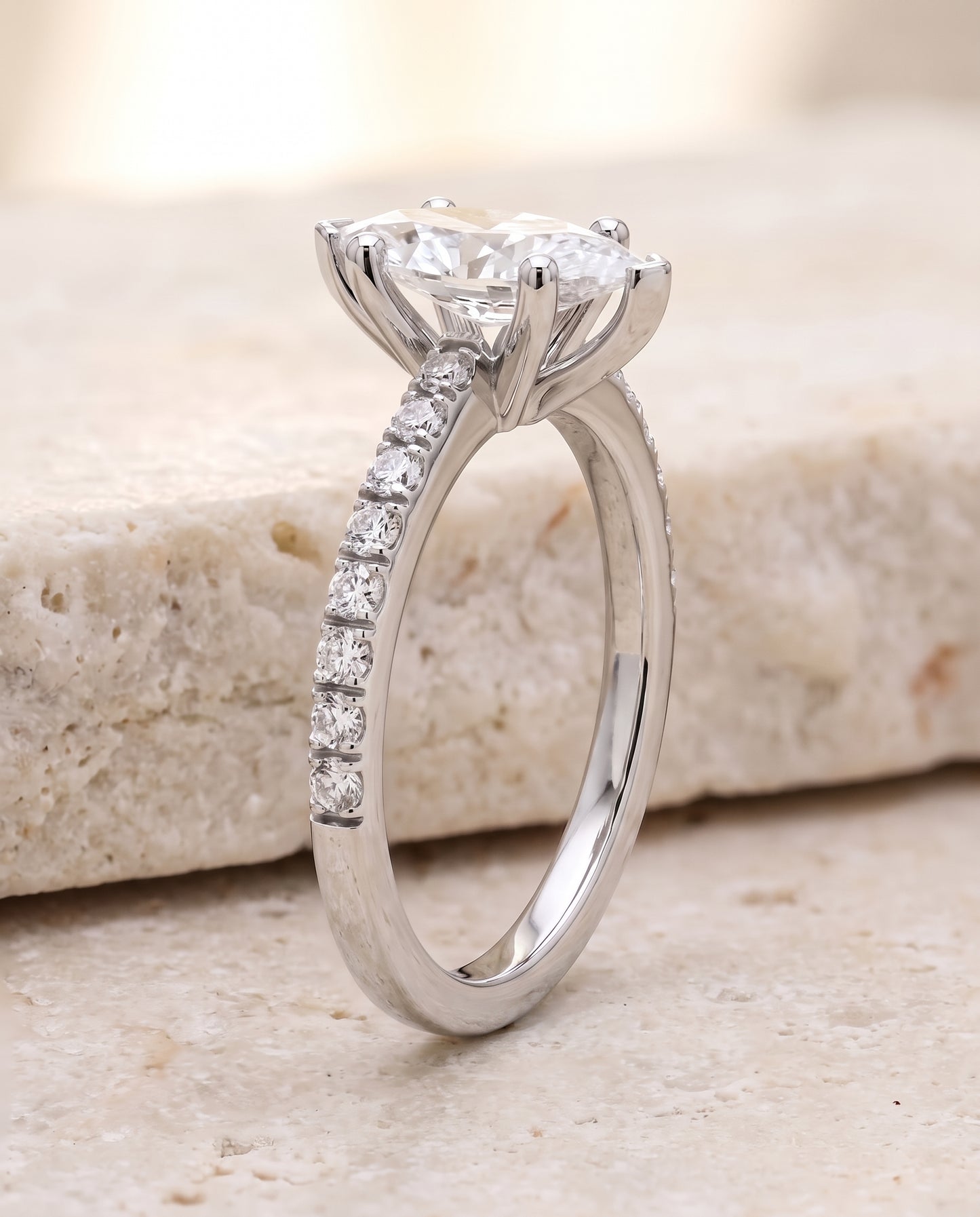 The Norah Classic Linear French Pavé Marquise Engagement Ring Setting in 18K White Gold