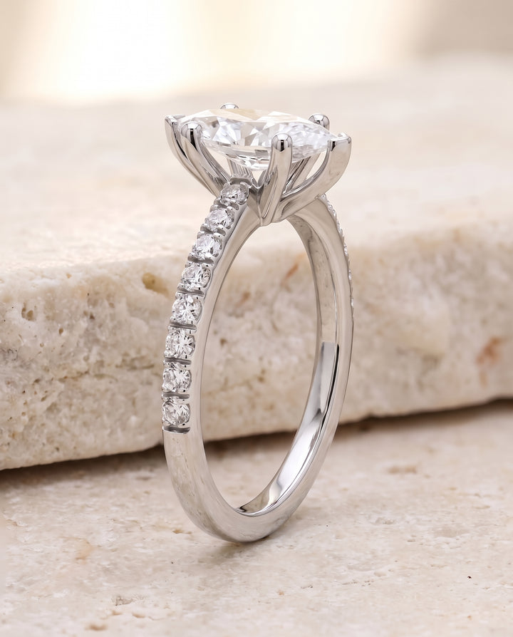 The Norah Classic Linear French Pavé Marquise Engagement Ring Setting in 18K White Gold