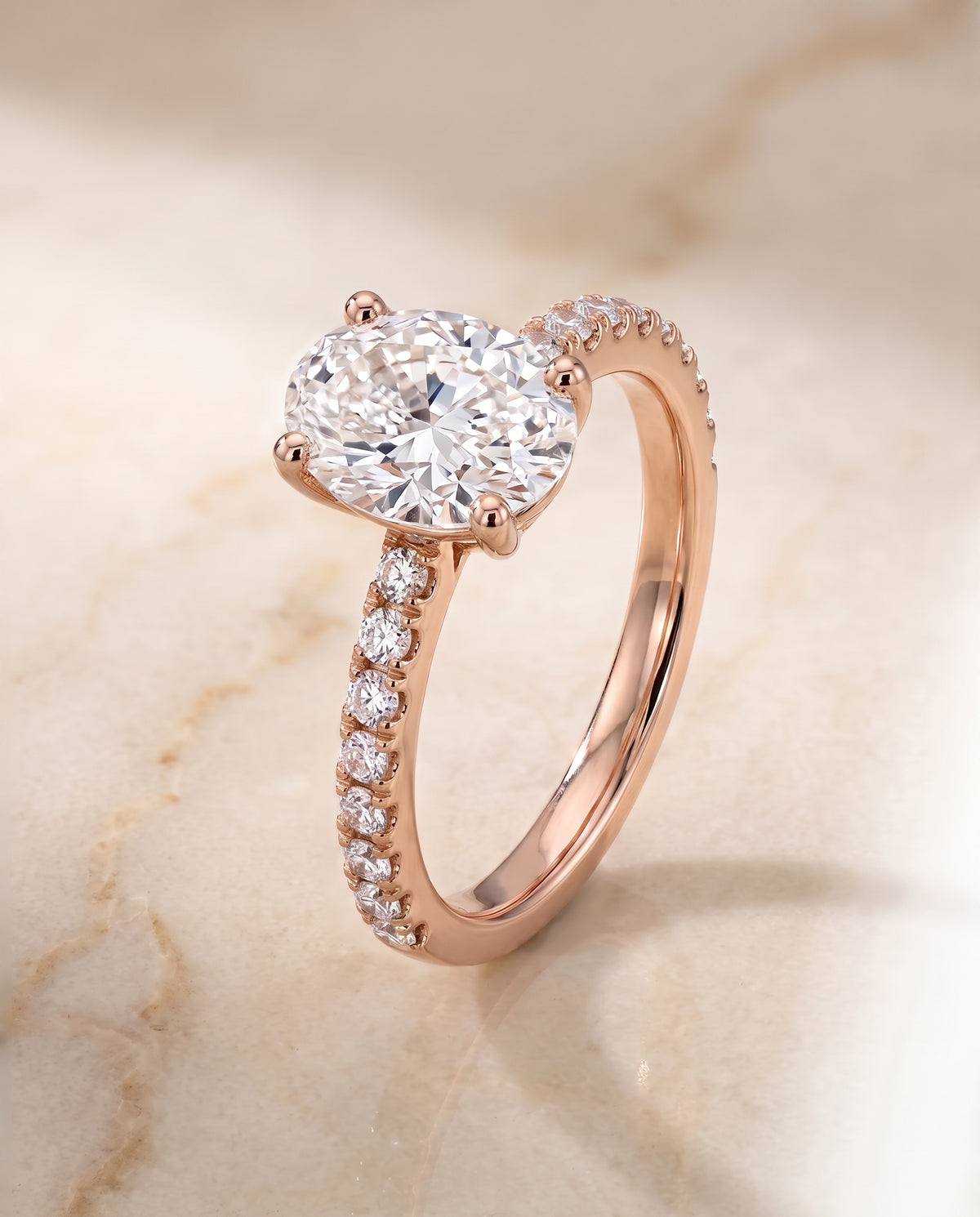 The Norah Classic Linear French Pavé Oval Engagement Ring Setting in 14K Rose Gold