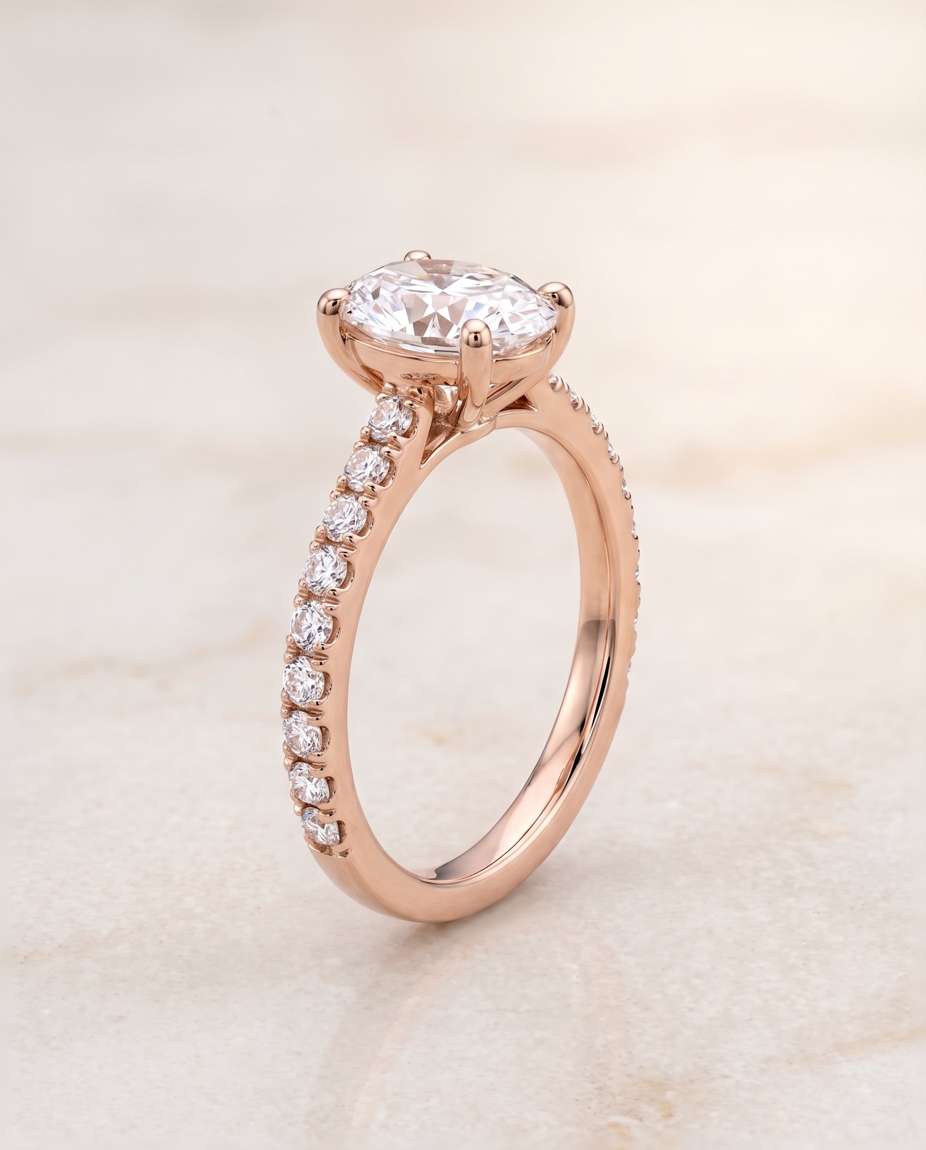 The Norah Classic Linear French Pavé Oval Engagement Ring Setting in 14K Rose Gold