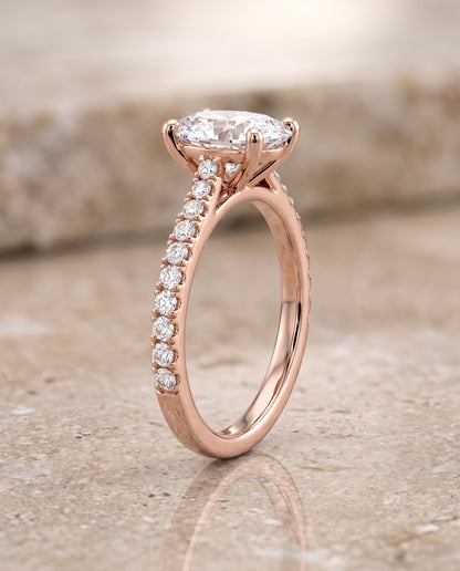The Norah Classic Linear French Pavé Oval Engagement Ring Setting in 14K Rose Gold