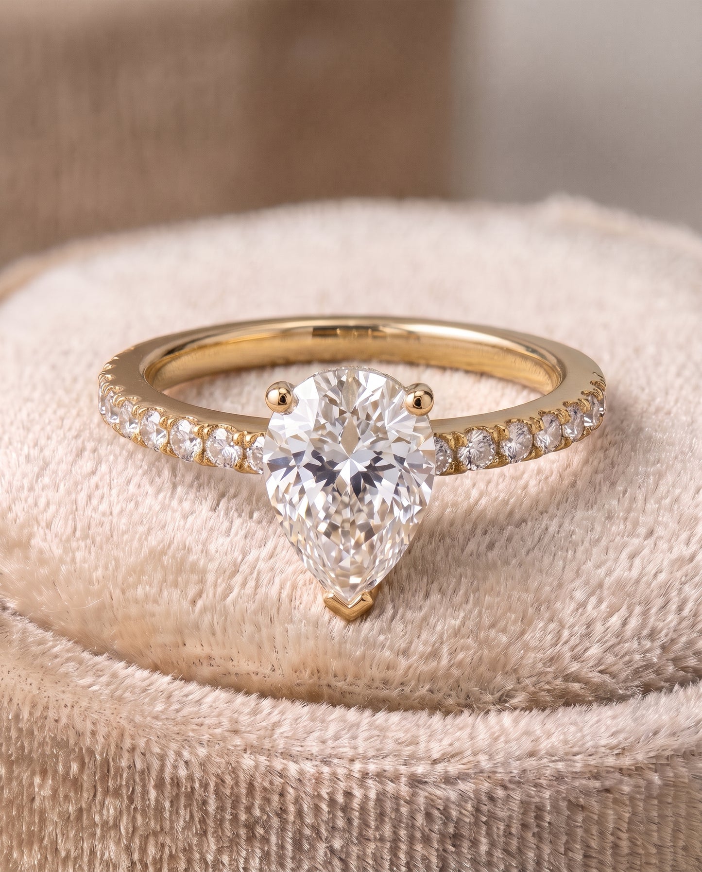 The Norah Classic Linear French Pavé Pear Engagement Ring Setting in 18K Yellow Gold