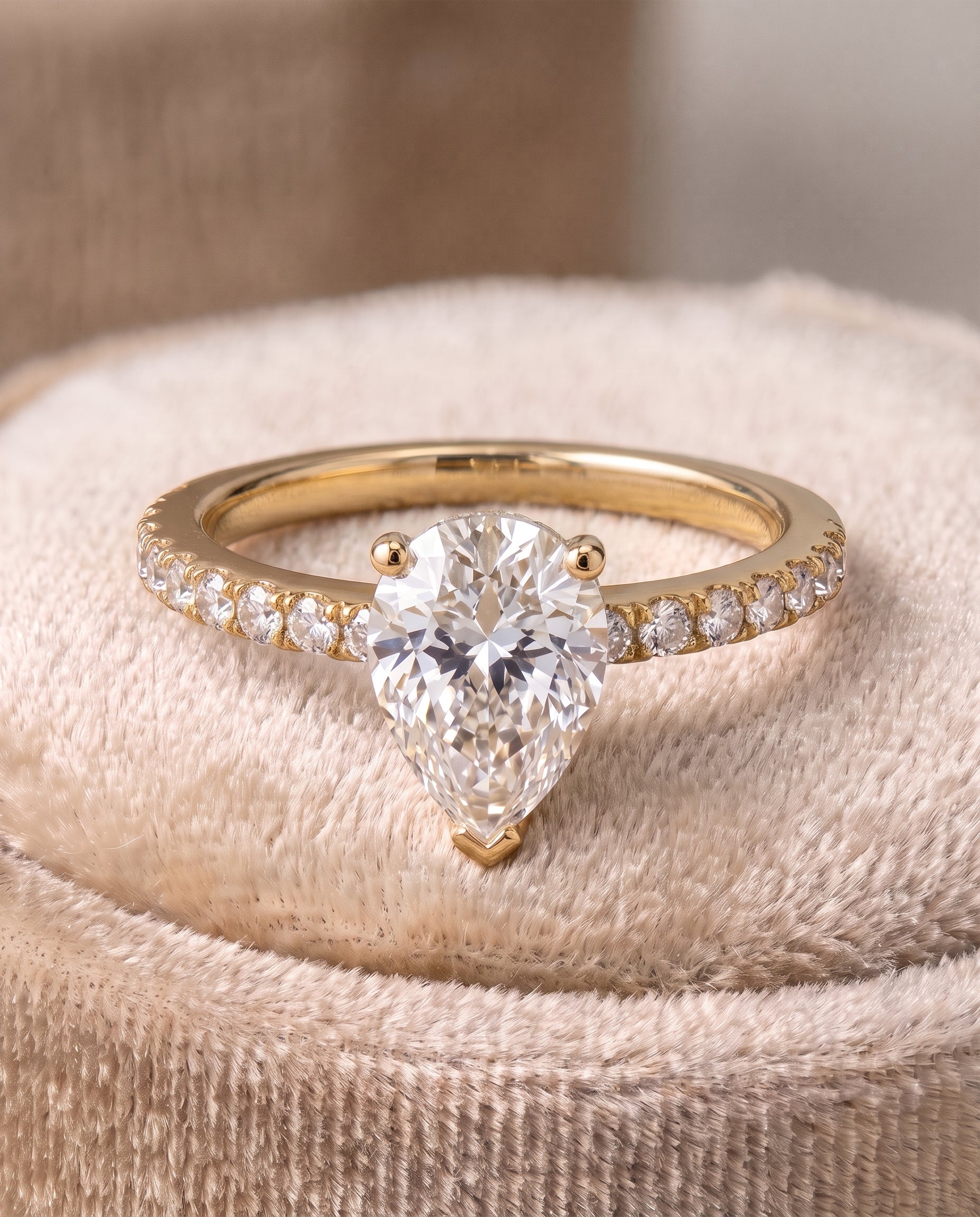 The Norah Classic Linear French Pavé Pear Engagement Ring Setting in 18K Yellow Gold