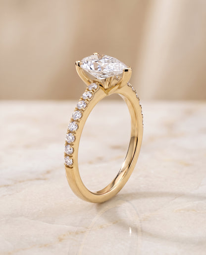 The Norah Classic Linear French Pavé Pear Engagement Ring Setting in 18K Yellow Gold