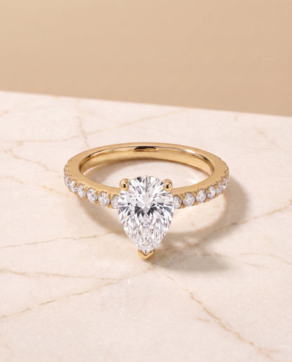 The Norah Classic Linear French Pavé Pear Engagement Ring Setting in 18K Yellow Gold