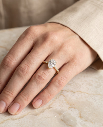 The Norah Classic Linear French Pavé Pear Engagement Ring Setting in 18K Yellow Gold