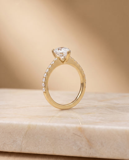 The Norah Classic Linear French Pavé Pear Engagement Ring Setting in 18K Yellow Gold