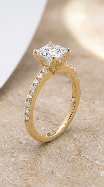 The Norah Classic Linear French Pavé Princess Cut Engagement Ring Setting in 18K Yellow Gold