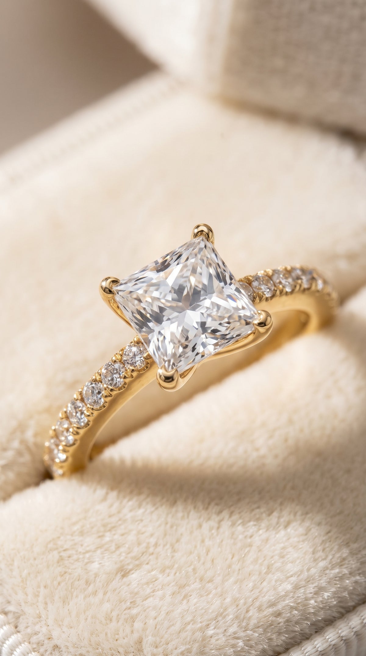 The Norah Classic Linear French Pavé Princess Cut Engagement Ring Setting in 18K Yellow Gold