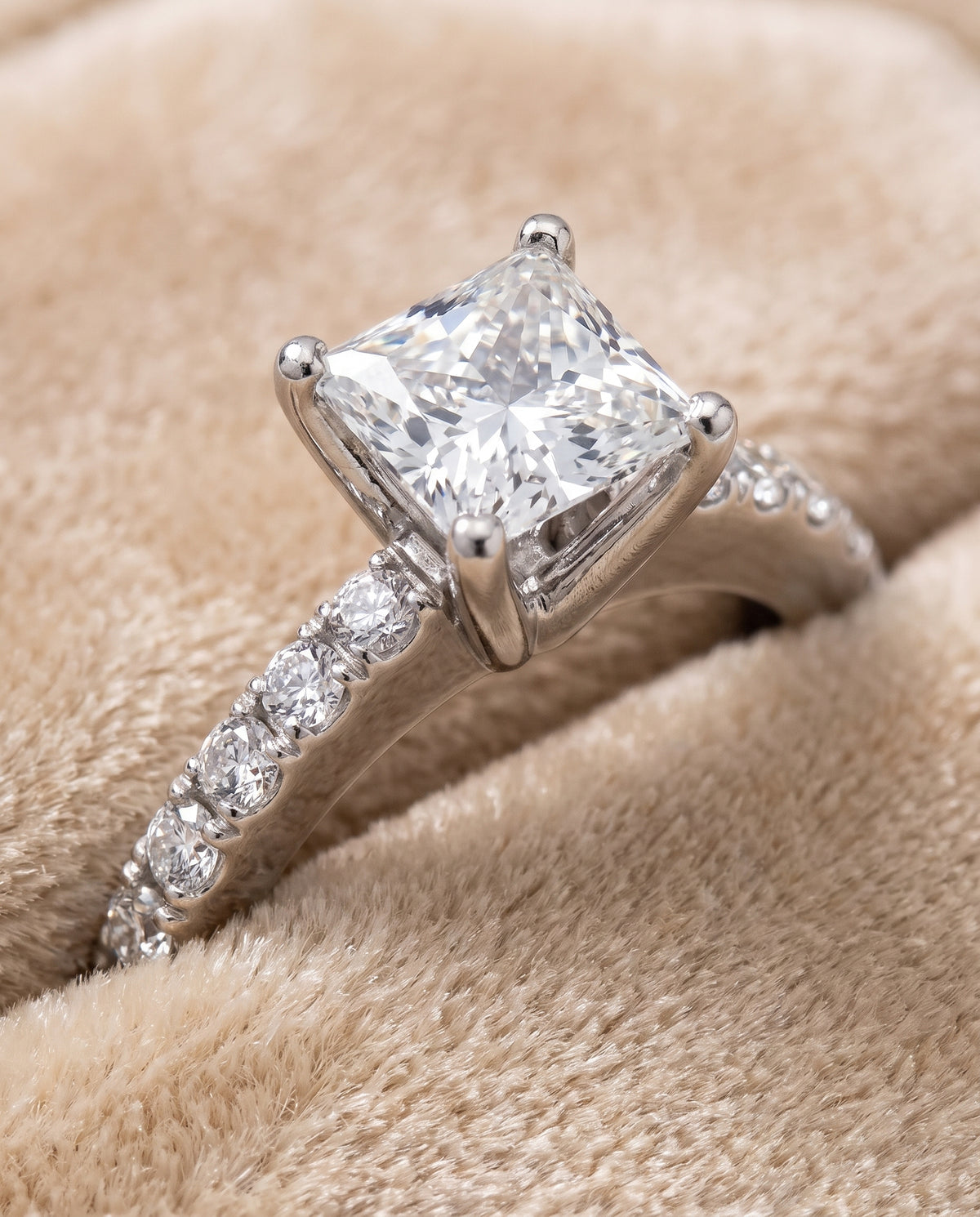 The Norah Classic Linear French Pavé Princess Cut Engagement Ring Setting in 18K White Gold