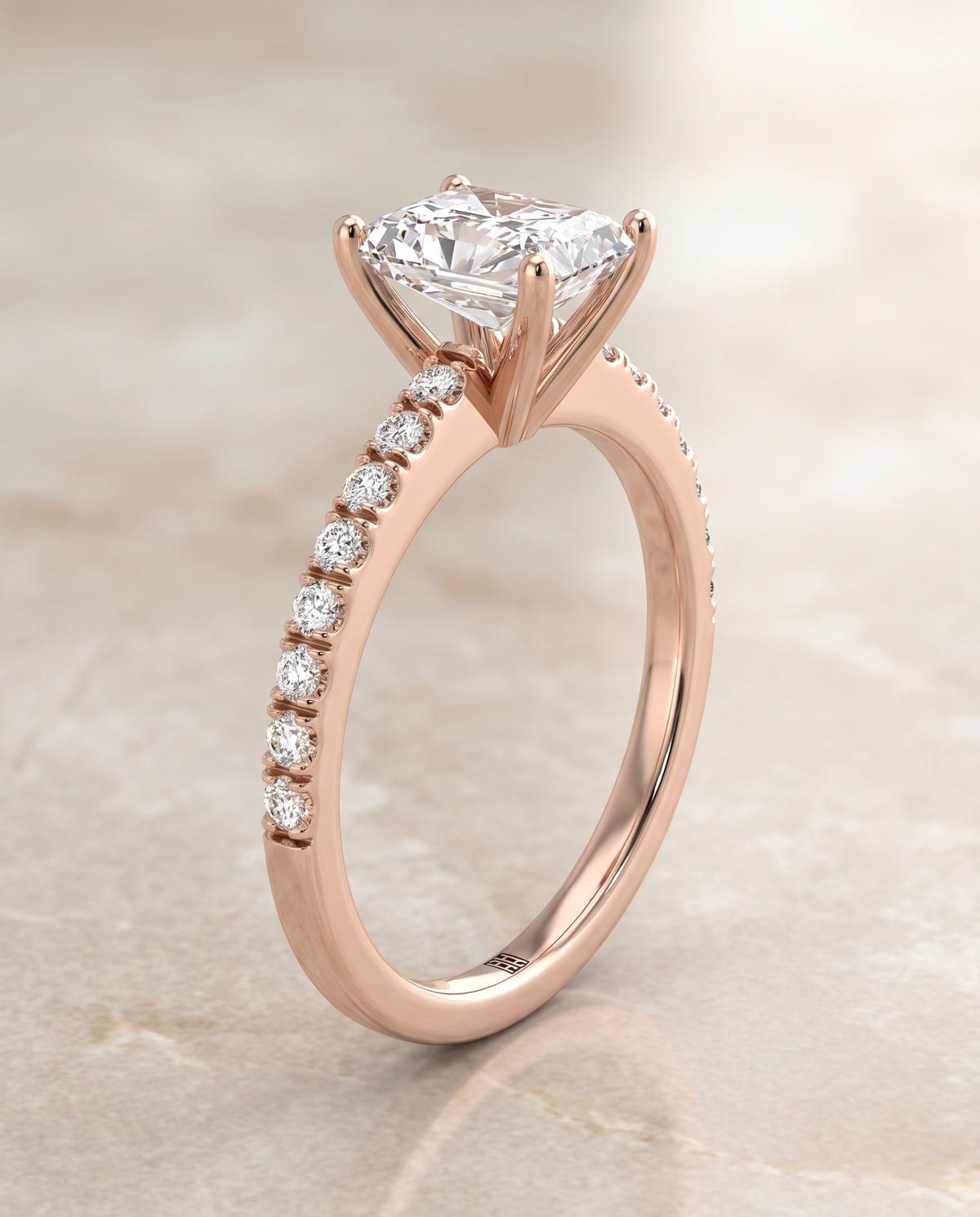 The Norah Classic Linear French Pavé Radiant Cut Engagement Ring Setting in 14K Rose Gold