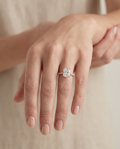 The Norah Classic Linear French Pavé Radiant Cut Engagement Ring Setting in 14K Rose Gold