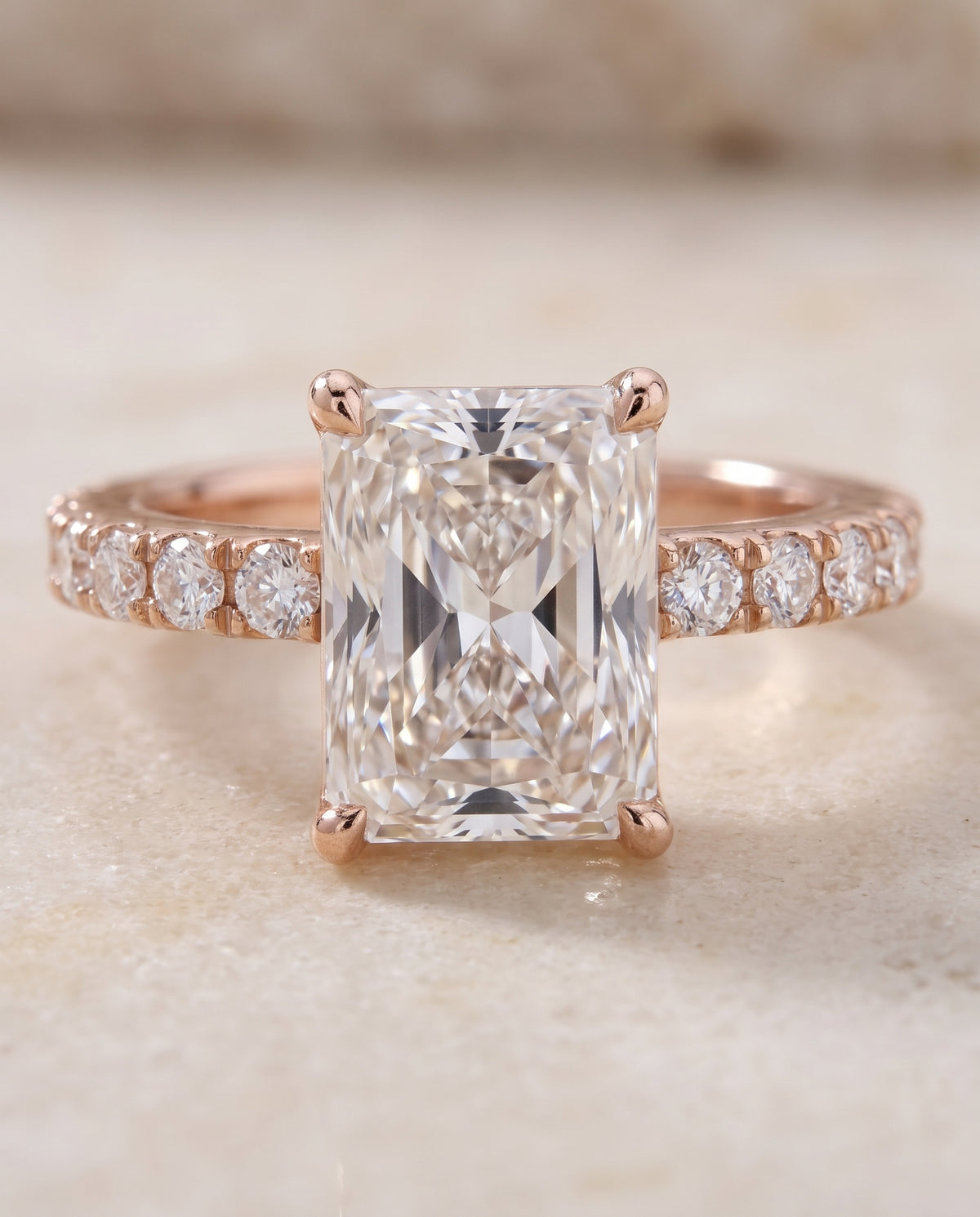 The Norah Classic Linear French Pavé Radiant Cut Engagement Ring Setting in 14K Rose Gold