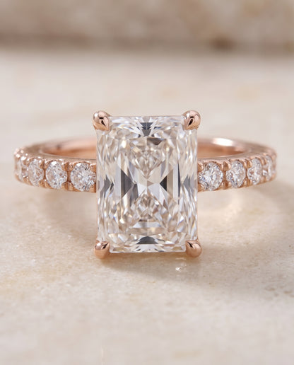 The Norah Classic Linear French Pavé Radiant Cut Engagement Ring Setting in 14K Rose Gold