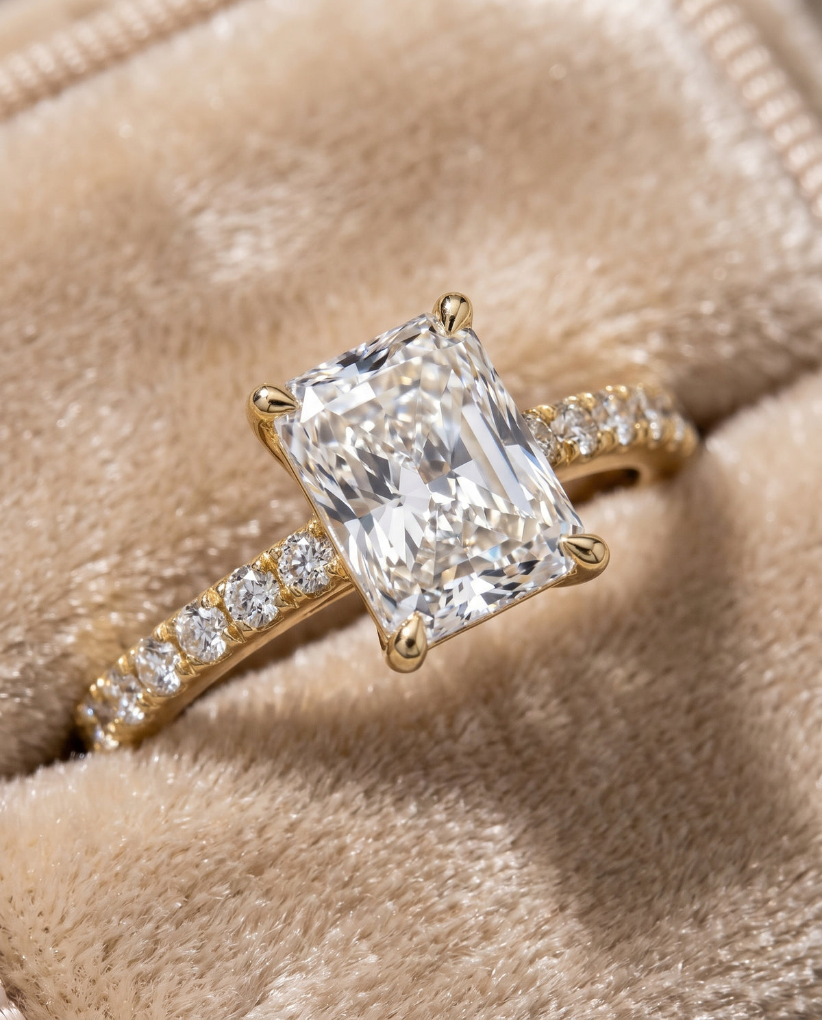 The Norah Classic Linear French Pavé Radiant Cut Engagement Ring Setting in 18K Yellow Gold