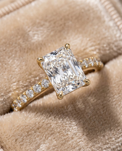 The Norah Classic Linear French Pavé Radiant Cut Engagement Ring Setting in 18K Yellow Gold