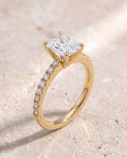 The Norah Classic Linear French Pavé Radiant Cut Engagement Ring Setting in 18K Yellow Gold