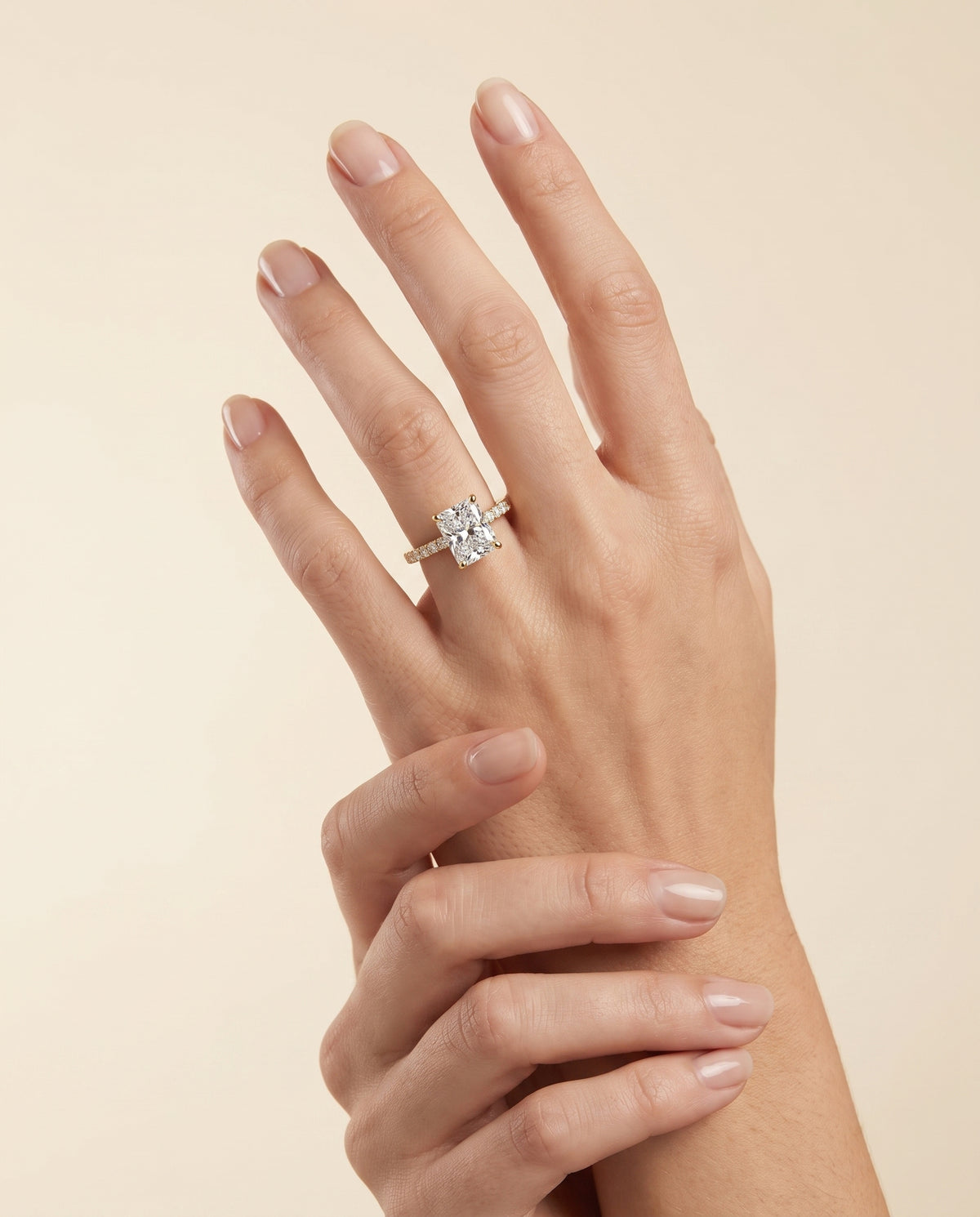 The Norah Classic Linear French Pavé Radiant Cut Engagement Ring Setting in 18K Yellow Gold
