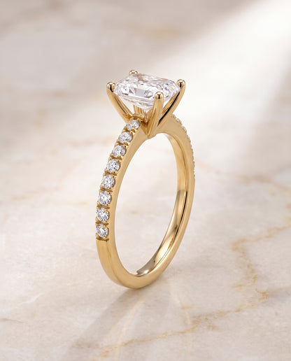 The Norah Classic Linear French Pavé Radiant Cut Engagement Ring Setting in 18K Yellow Gold