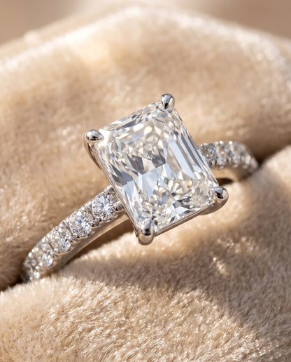 The Norah Classic Linear French Pavé Radiant Cut Engagement Ring Setting in Platinum