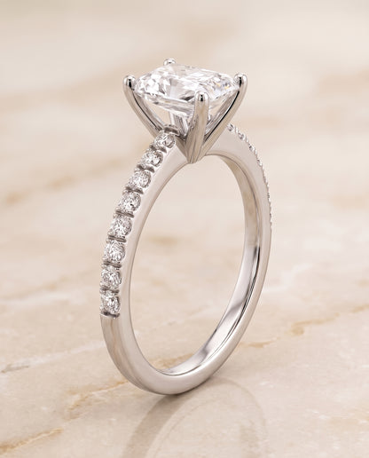 The Norah Classic Linear French Pavé Radiant Cut Engagement Ring Setting in Platinum