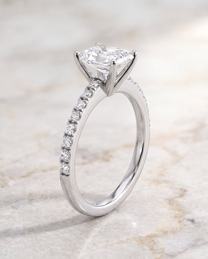 The Norah Classic Linear French Pavé Radiant Cut Engagement Ring Setting in Platinum