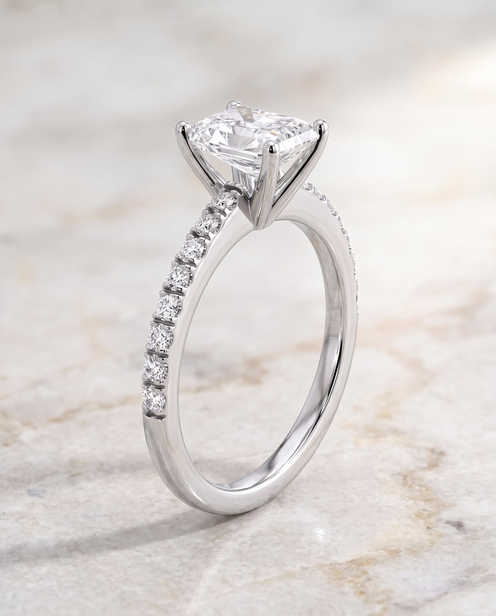 The Norah Classic Linear French Pavé Radiant Cut Engagement Ring Setting in Platinum