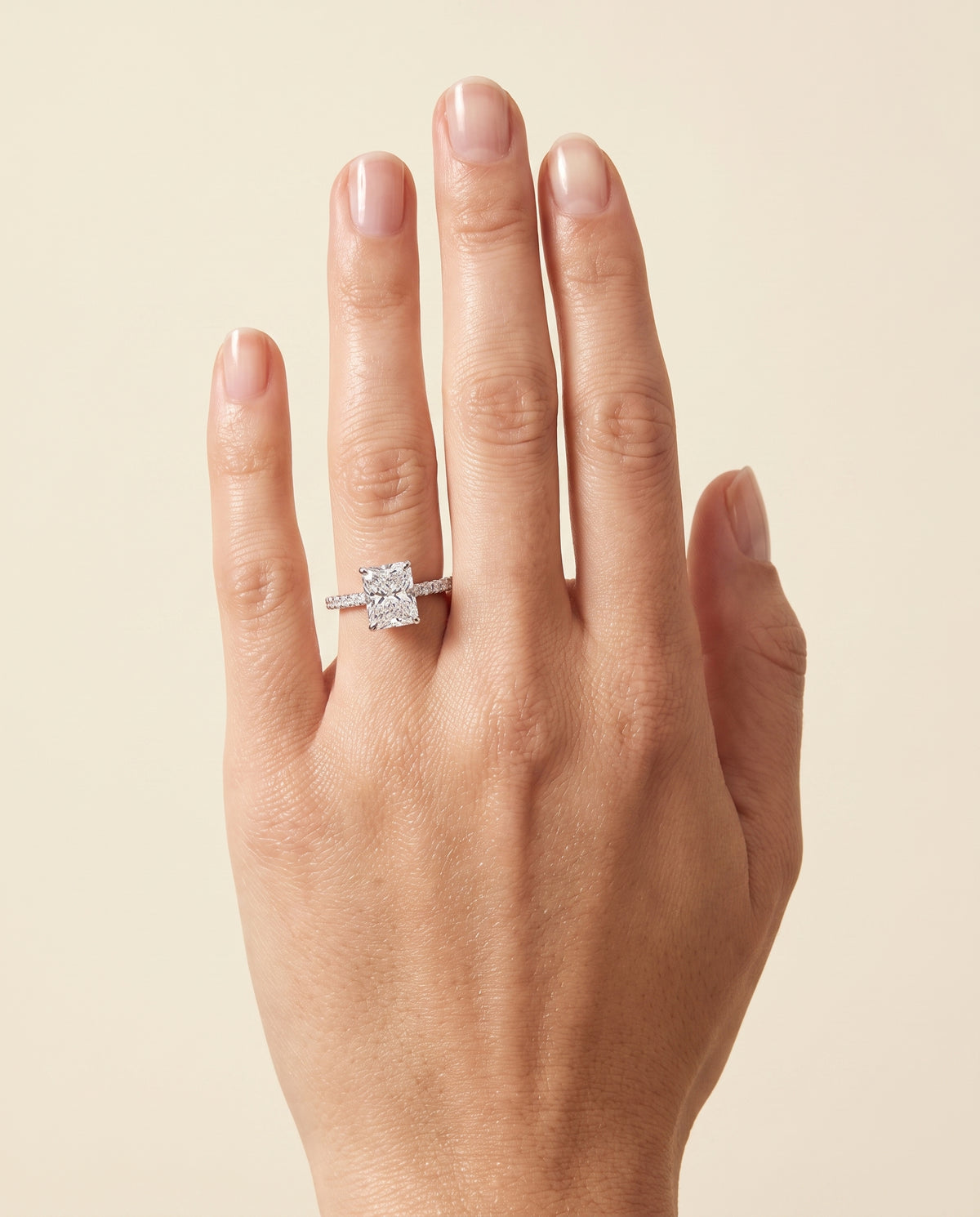 The Norah Classic Linear French Pavé Radiant Cut Engagement Ring Setting in Platinum