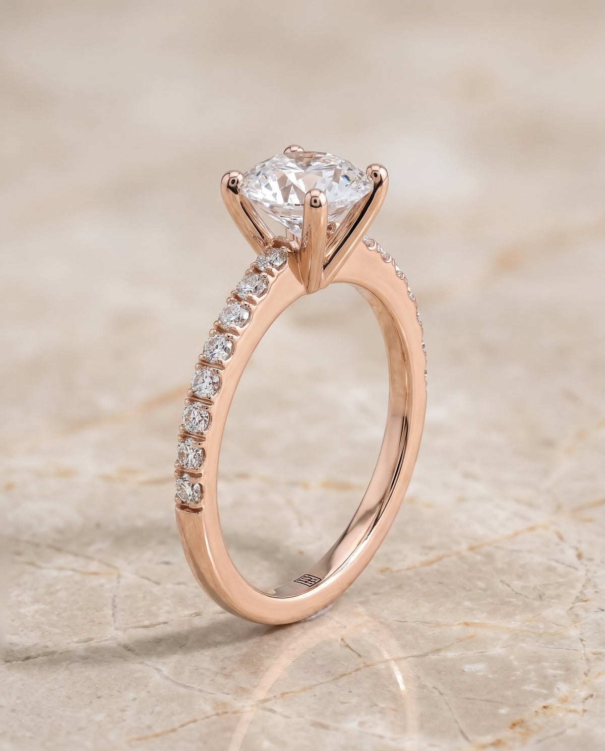 The Norah Classic Linear French Pavé Round Engagement Ring Setting in 14K Rose Gold