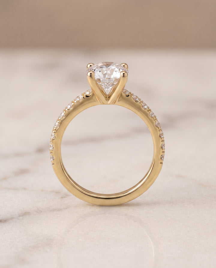 The Norah Classic Linear French Pavé Round Engagement Ring Setting in 18K Yellow Gold