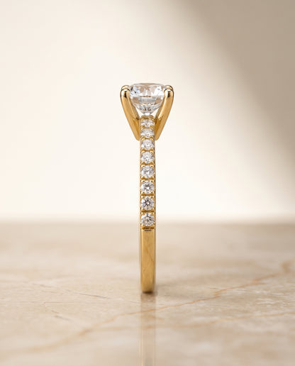 The Norah Classic Linear French Pavé Round Engagement Ring Setting in 18K Yellow Gold