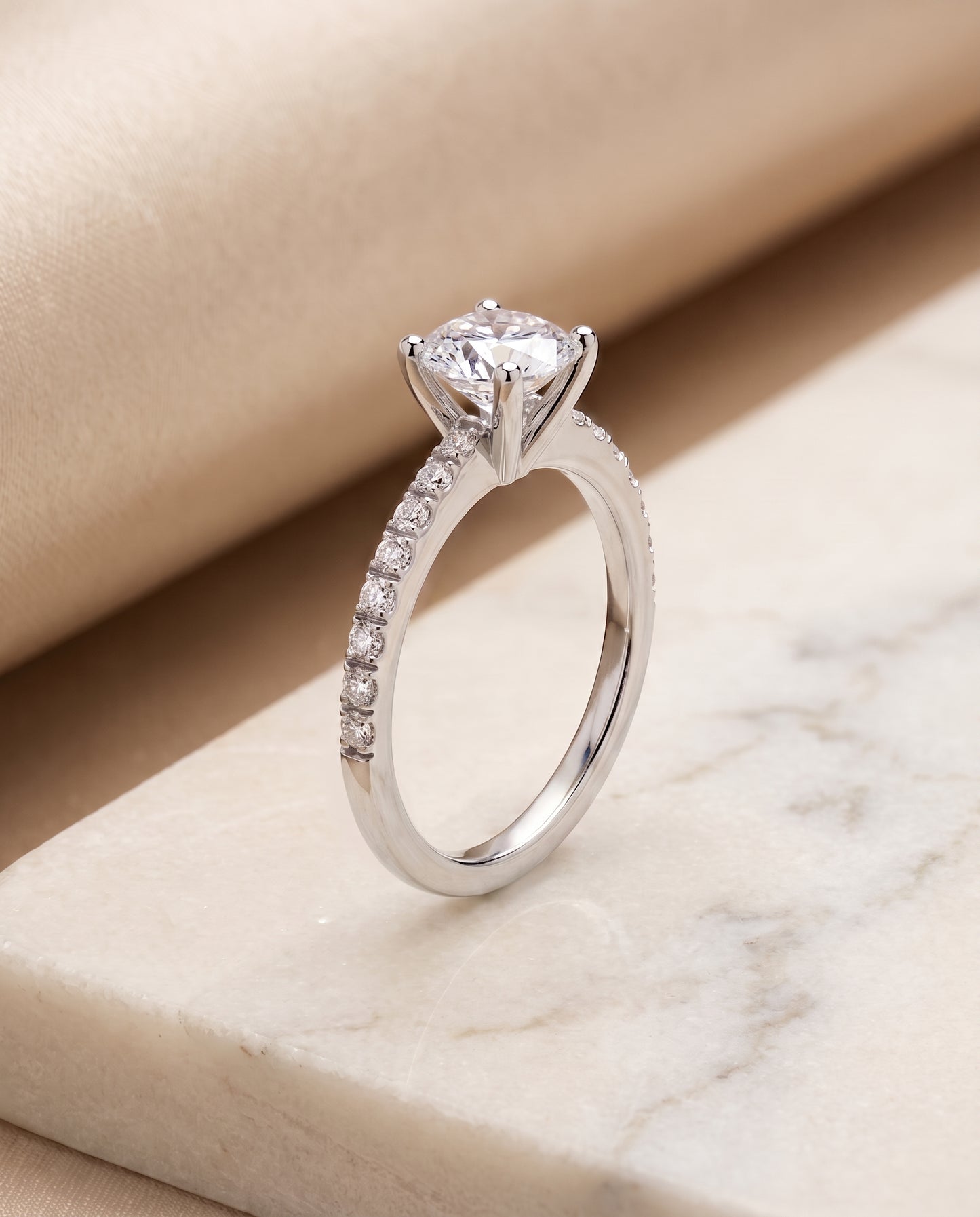 The Norah Classic Linear French Pavé Round Engagement Ring Setting in 18K White Gold