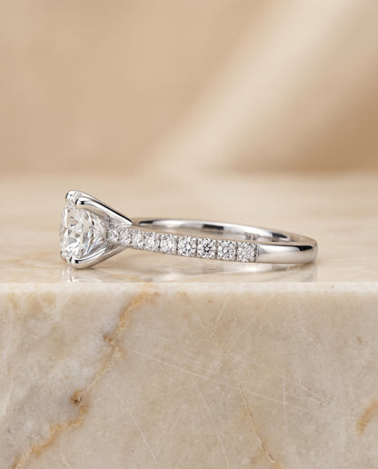 The Norah Classic Linear French Pavé Round Engagement Ring Setting in 18K White Gold