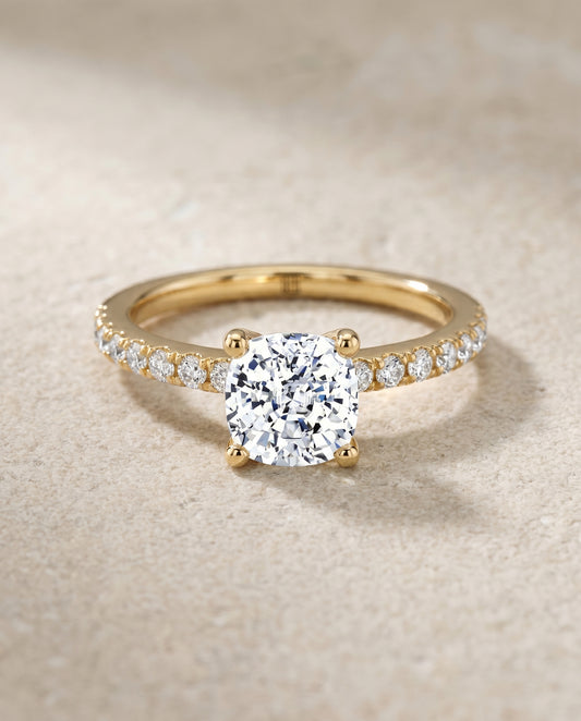The Norah Pavé Engagement Ring Setting for Cushion Diamonds in 18K Yellow Gold